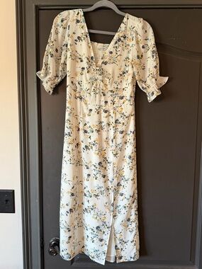Abercrombie & Fitch Cream Floral Midi Dress with Yellow and Green Accents